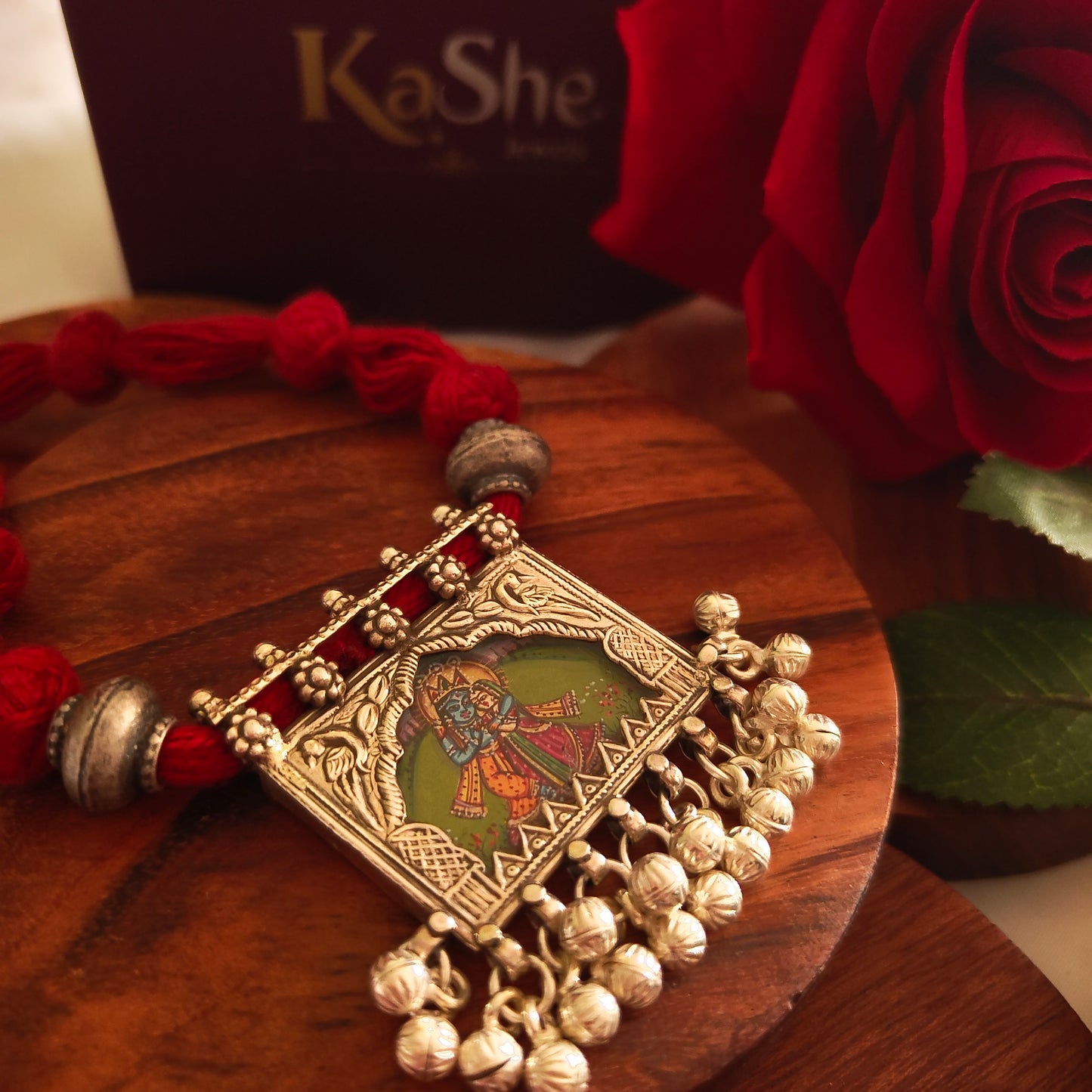 Radha Krishna Hand Painted Jharoka Pendant with Silver Ball Danglers and Maroon Thread Necklace
