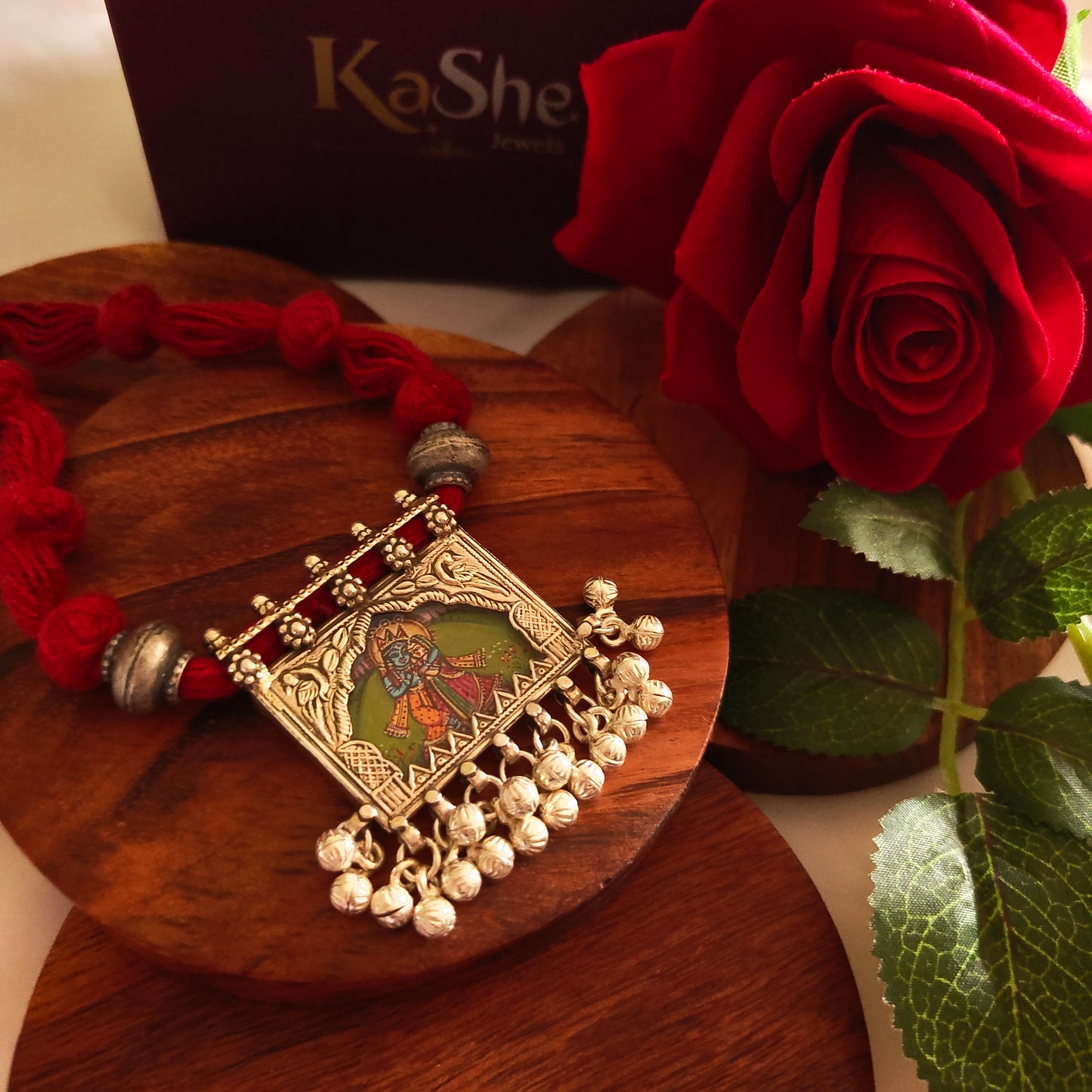 Radha Krishna Hand Painted Jharoka Pendant with Silver Ball Danglers and Maroon Thread Necklace
