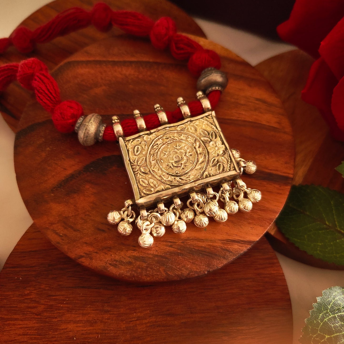 Radha Krishna Hand Painted Jharoka Pendant with Silver Ball Danglers and Maroon Thread Necklace