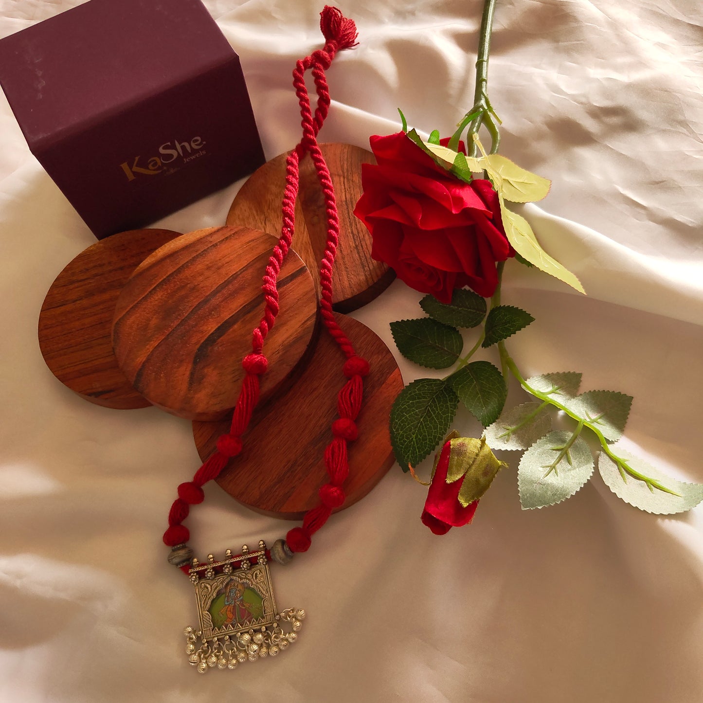 Radha Krishna Hand Painted Jharoka Pendant with Silver Ball Danglers and Maroon Thread Necklace