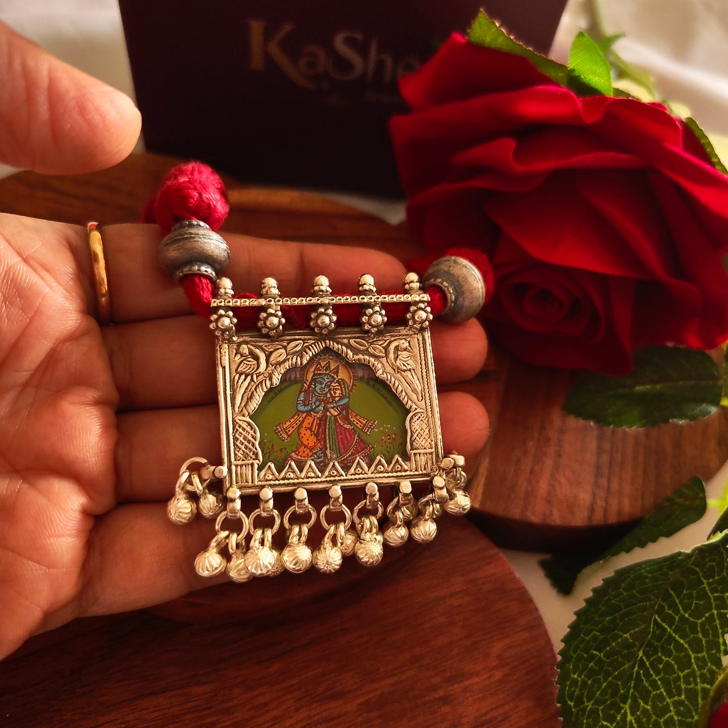 Radha Krishna Hand Painted Jharoka Pendant with Silver Ball Danglers and Maroon Thread Necklace