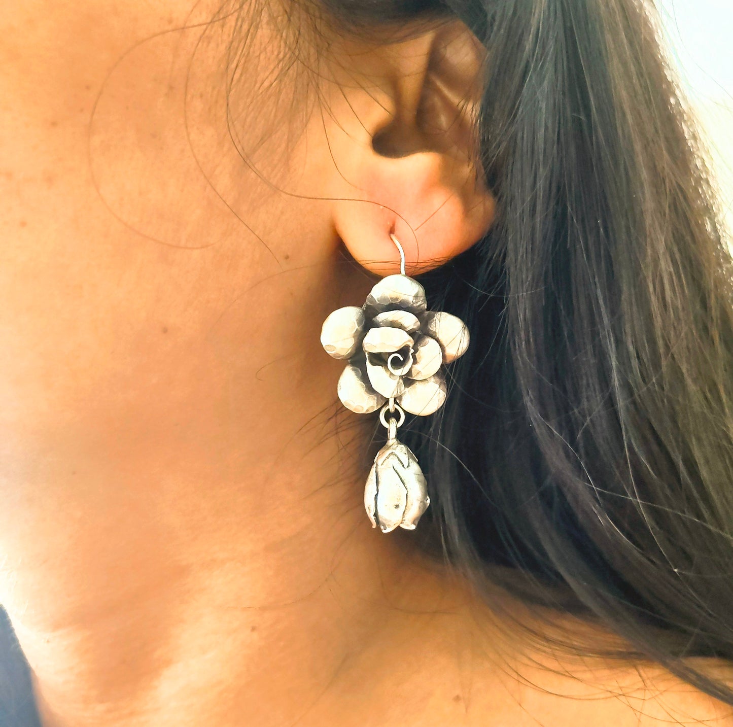 Statement 3D Floral Textured Rose Earring With Bud Drops