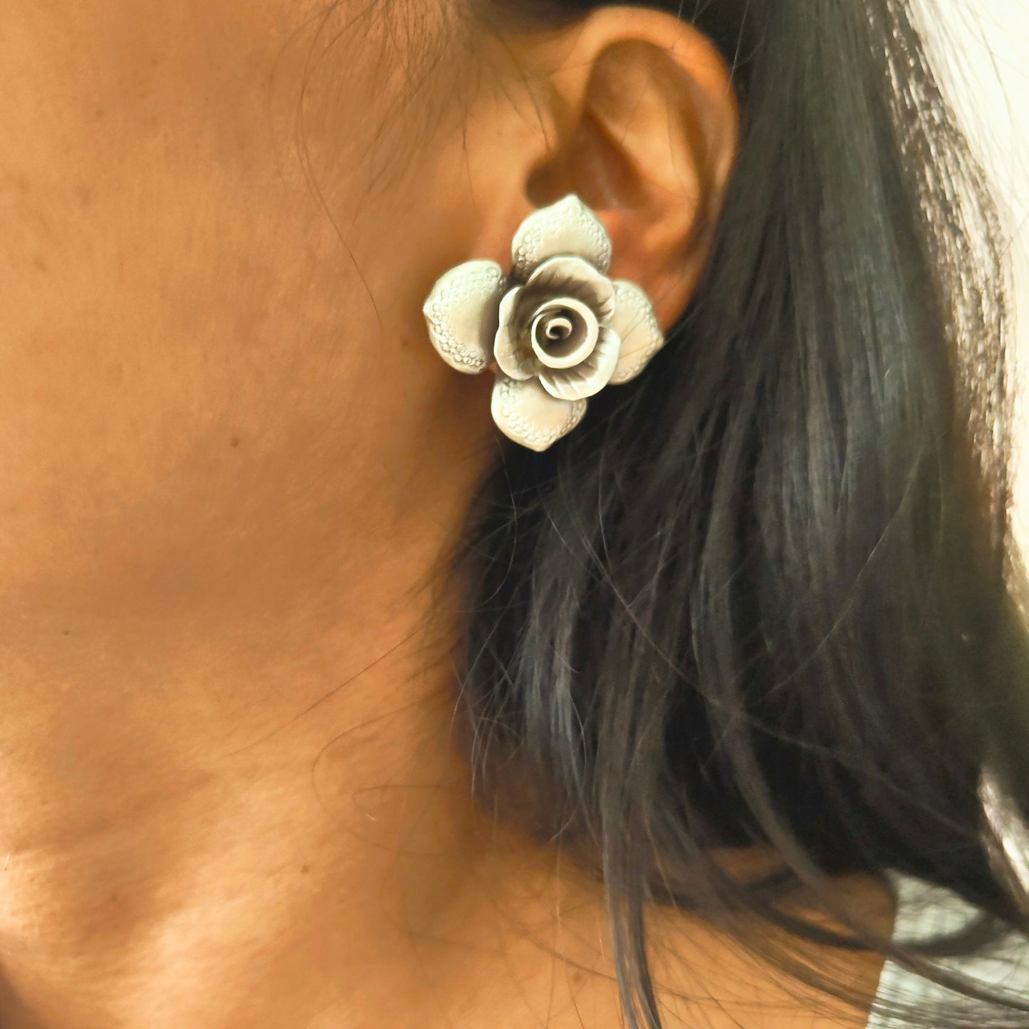 Exclusive Statement Four Petal Floral Rose 3D Earring With Post Stud