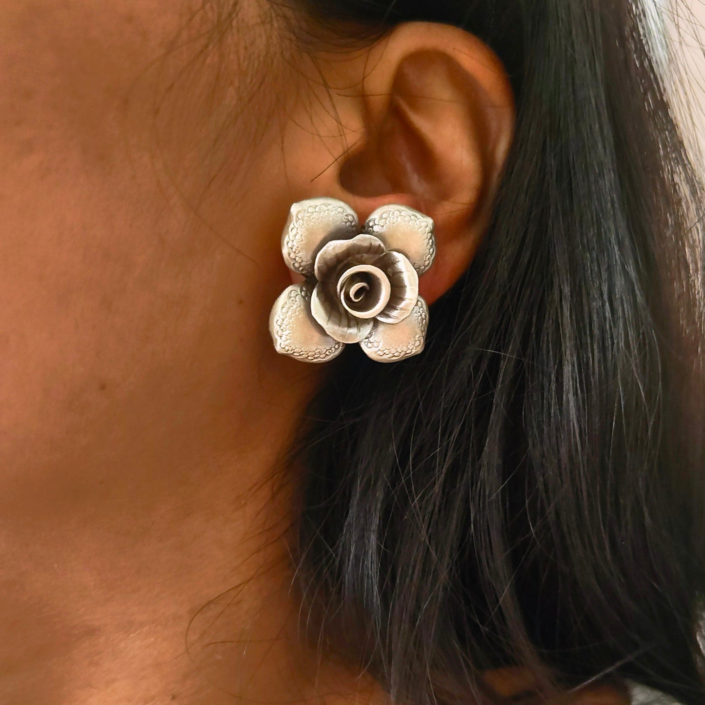 Exclusive Statement Four Petal Floral Rose 3D Earring With Post Stud