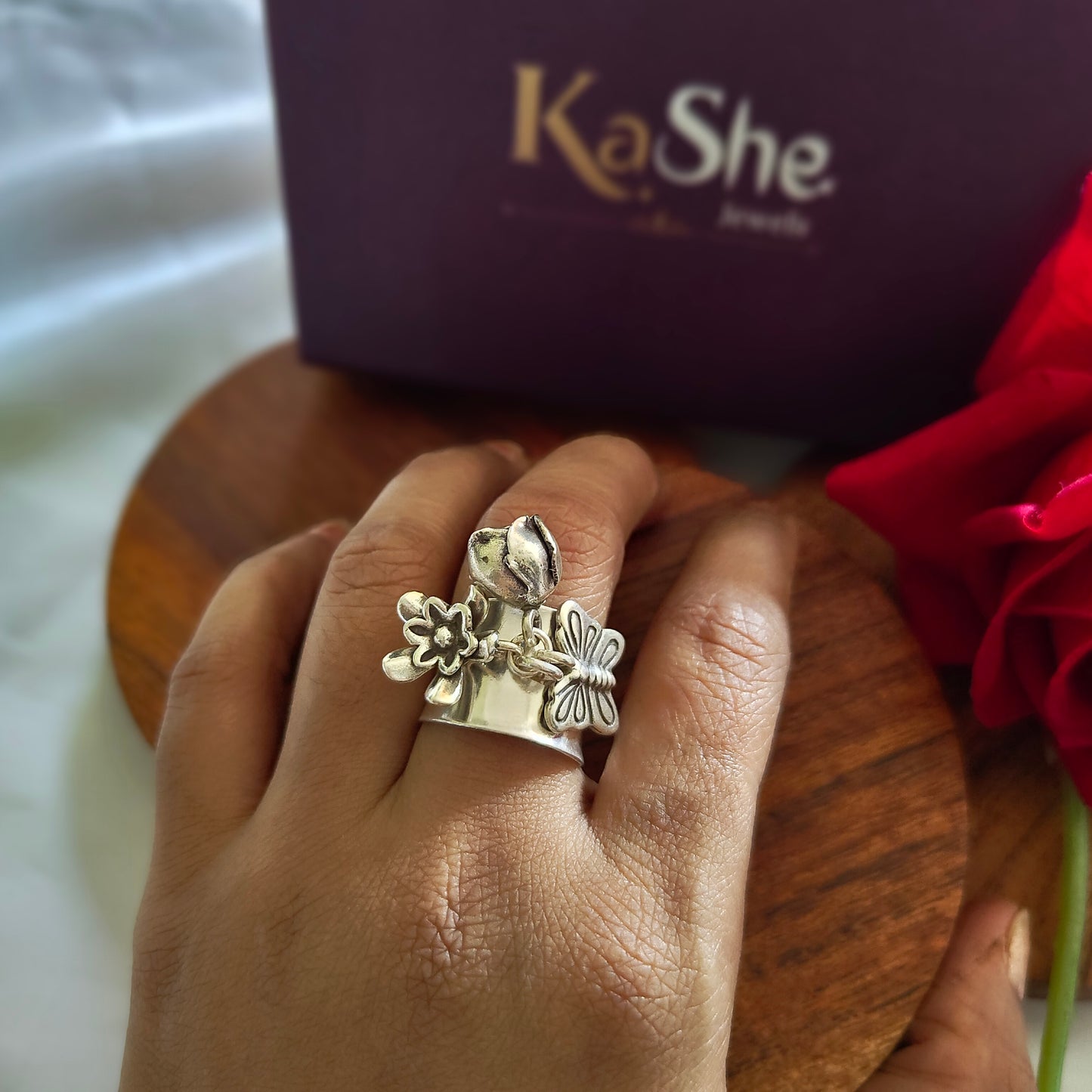 Statement Boho Textured Ring With Charms (viii)
