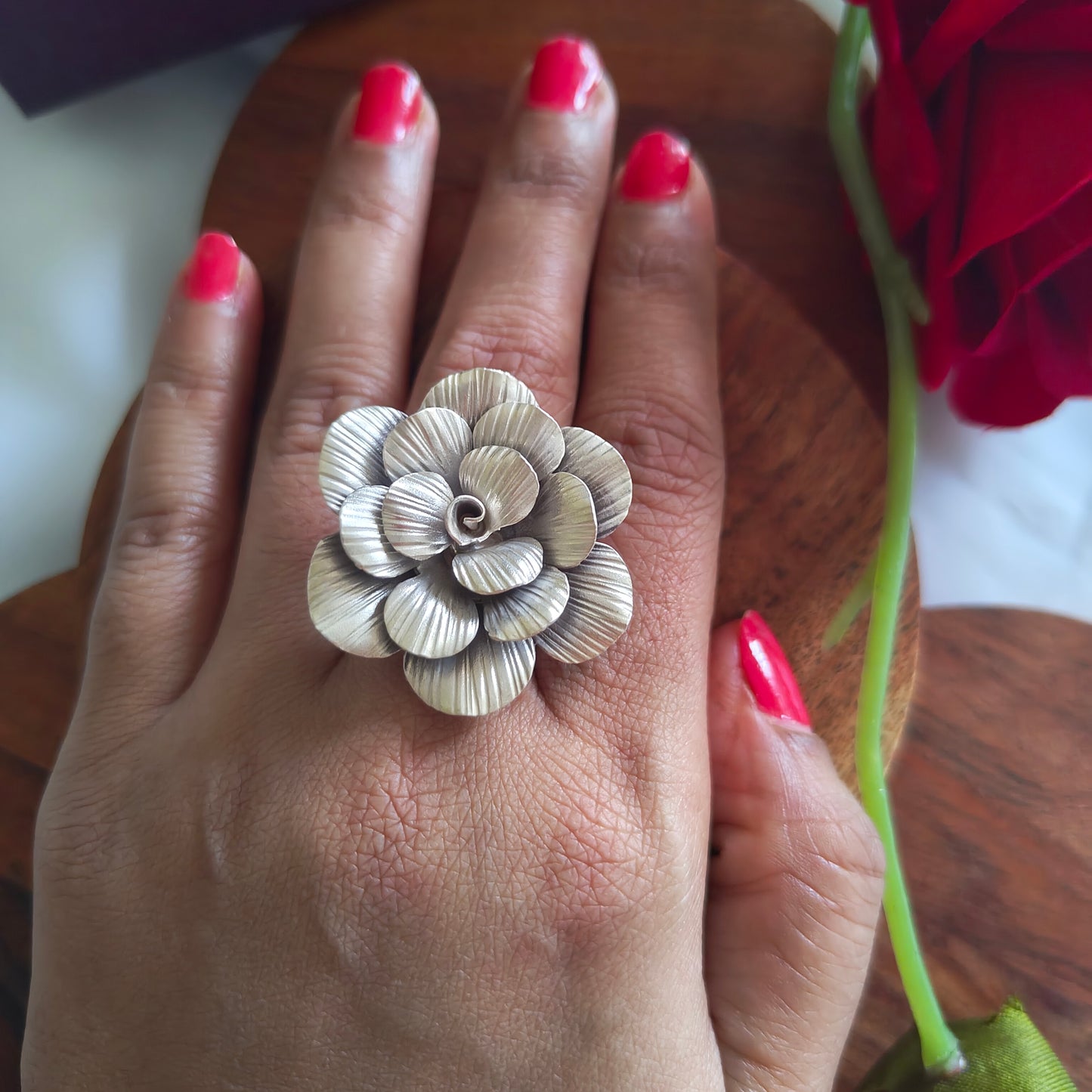 Statement 3D Textured Floral Designer Cocktail Ring Big