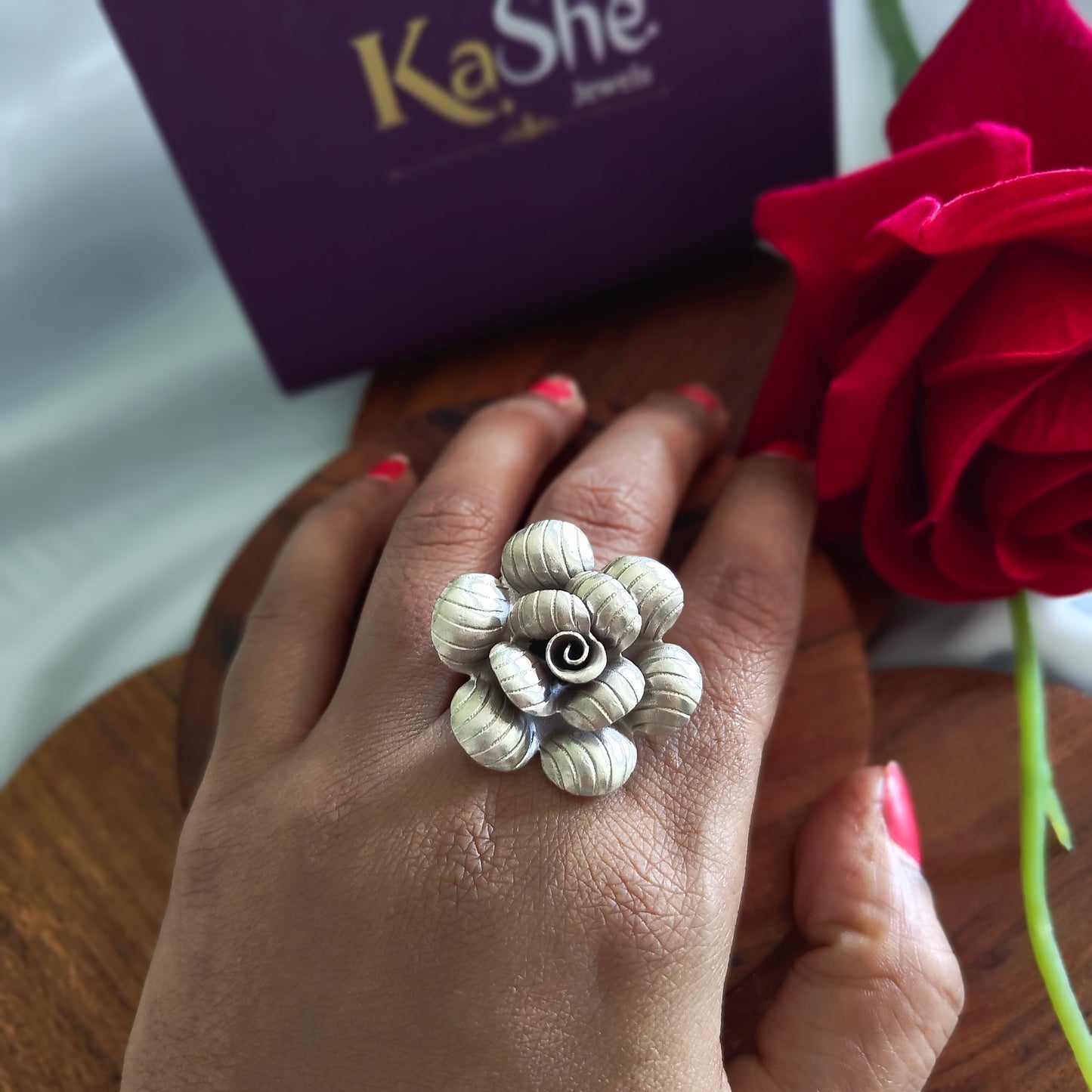 Statement 3D Textured Rose Floral Ring Big