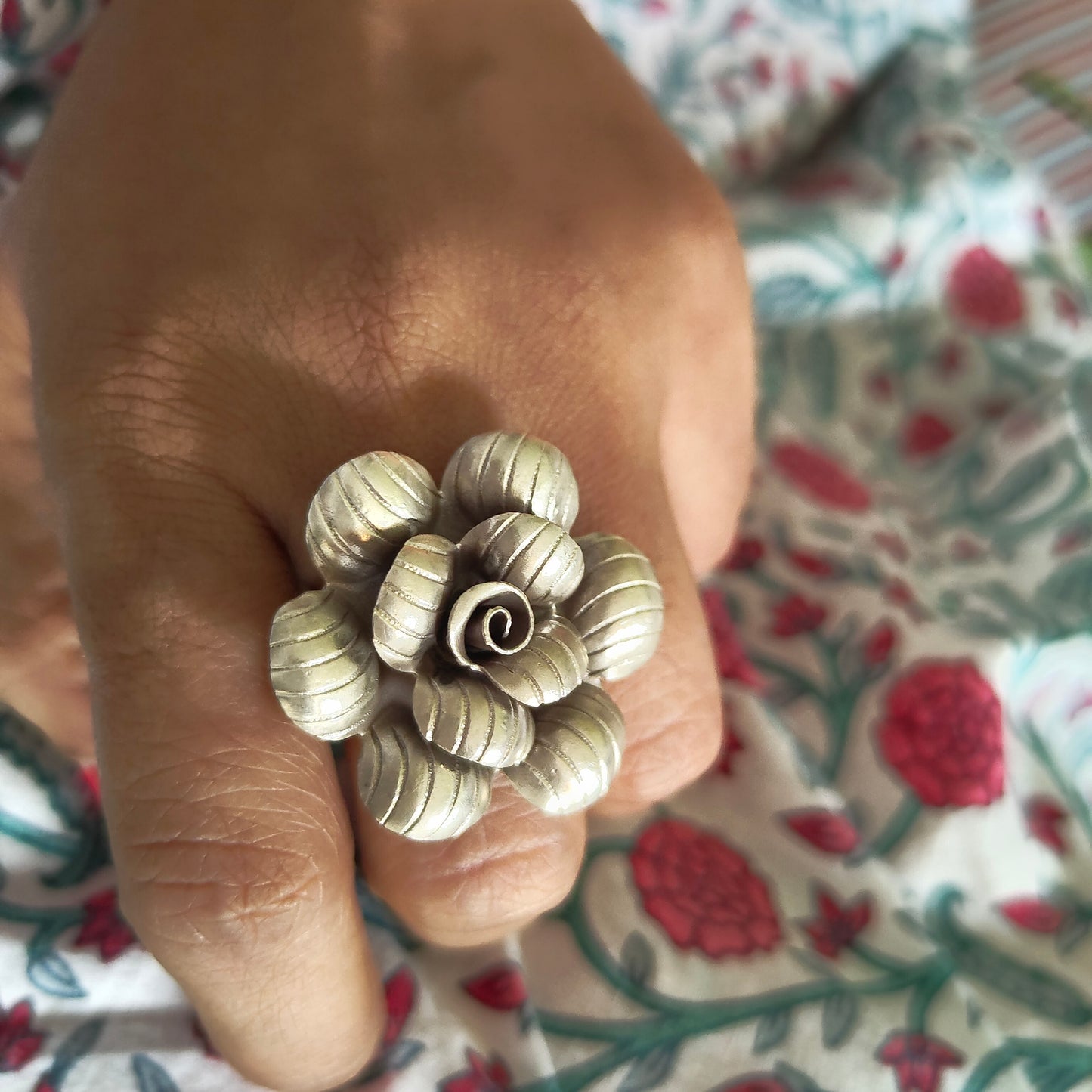 Statement 3D Textured Rose Floral Ring Big