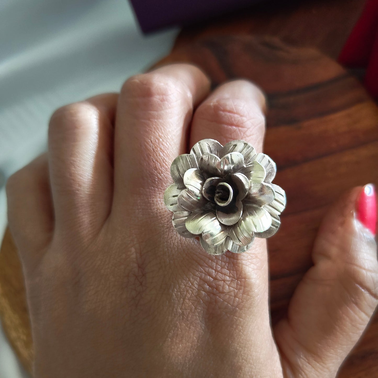 Statement 3D Heart Petal Flower Ring With Stripes