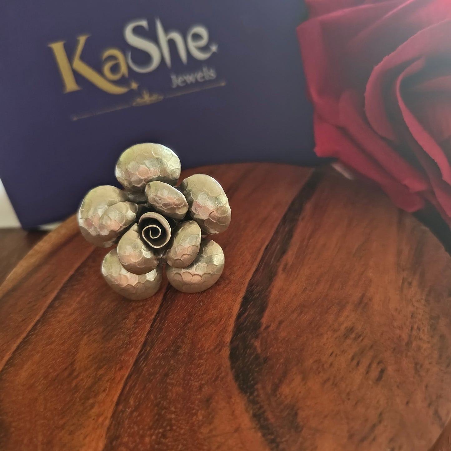 Statement 3D Stamped Rose Floral Ring Big