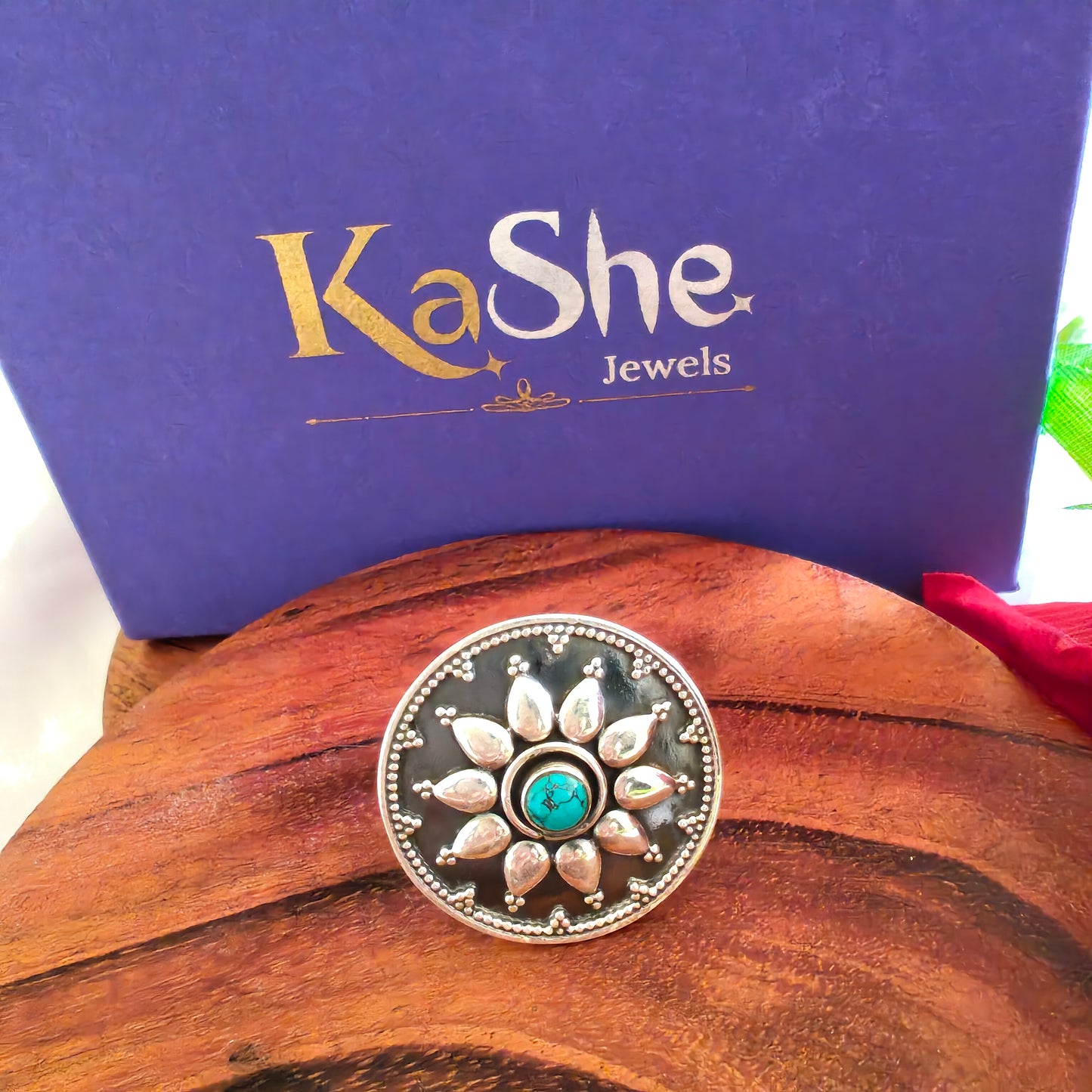 Circular Ring With Embossed Rava Design And Turquoise