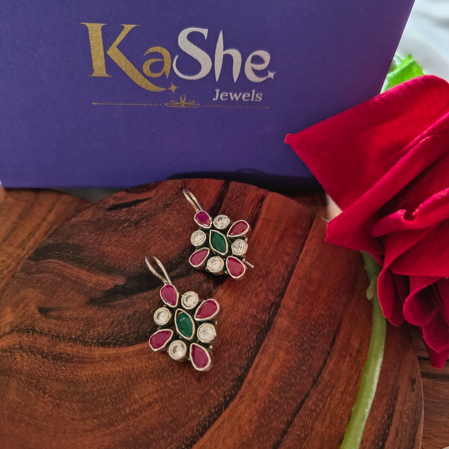Elegant Circular Pink White and Green Stone Hook Earring