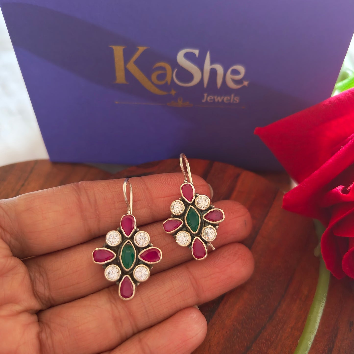 Elegant Circular Pink White and Green Stone Hook Earring