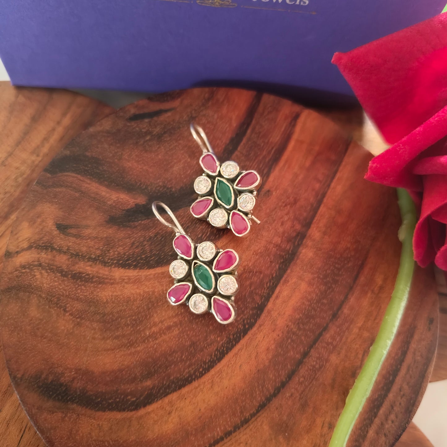 Elegant Circular Pink White and Green Stone Hook Earring
