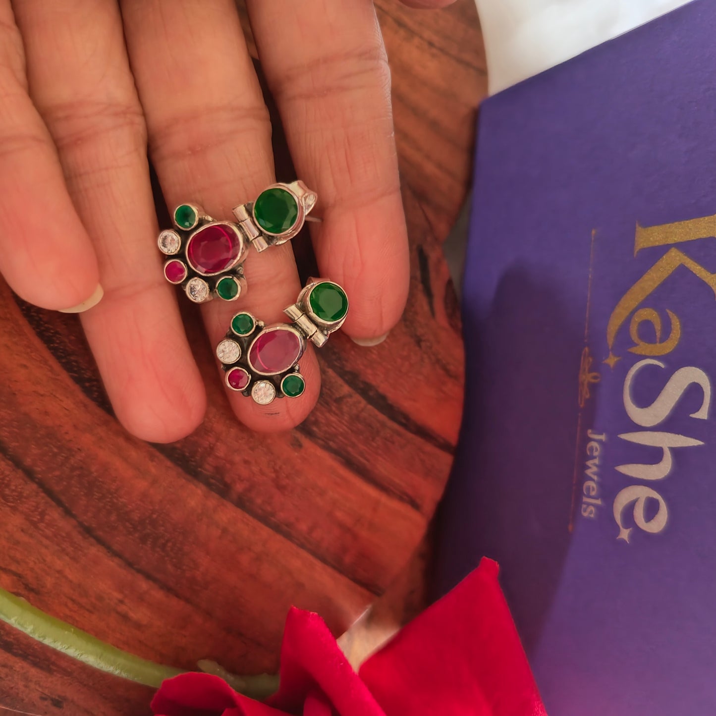 Elegant Half Flower Drop Stud Pink White Green Stone With Screw And Post