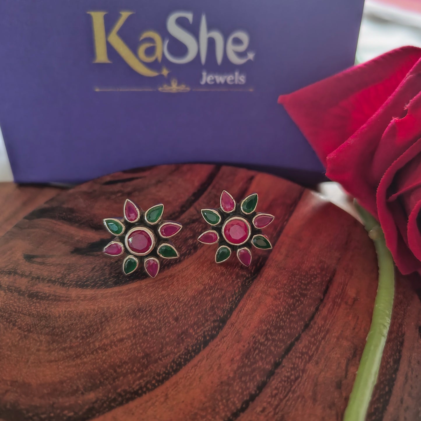 Elegant Flower Stud Pink And Green Stone With Screw And Post