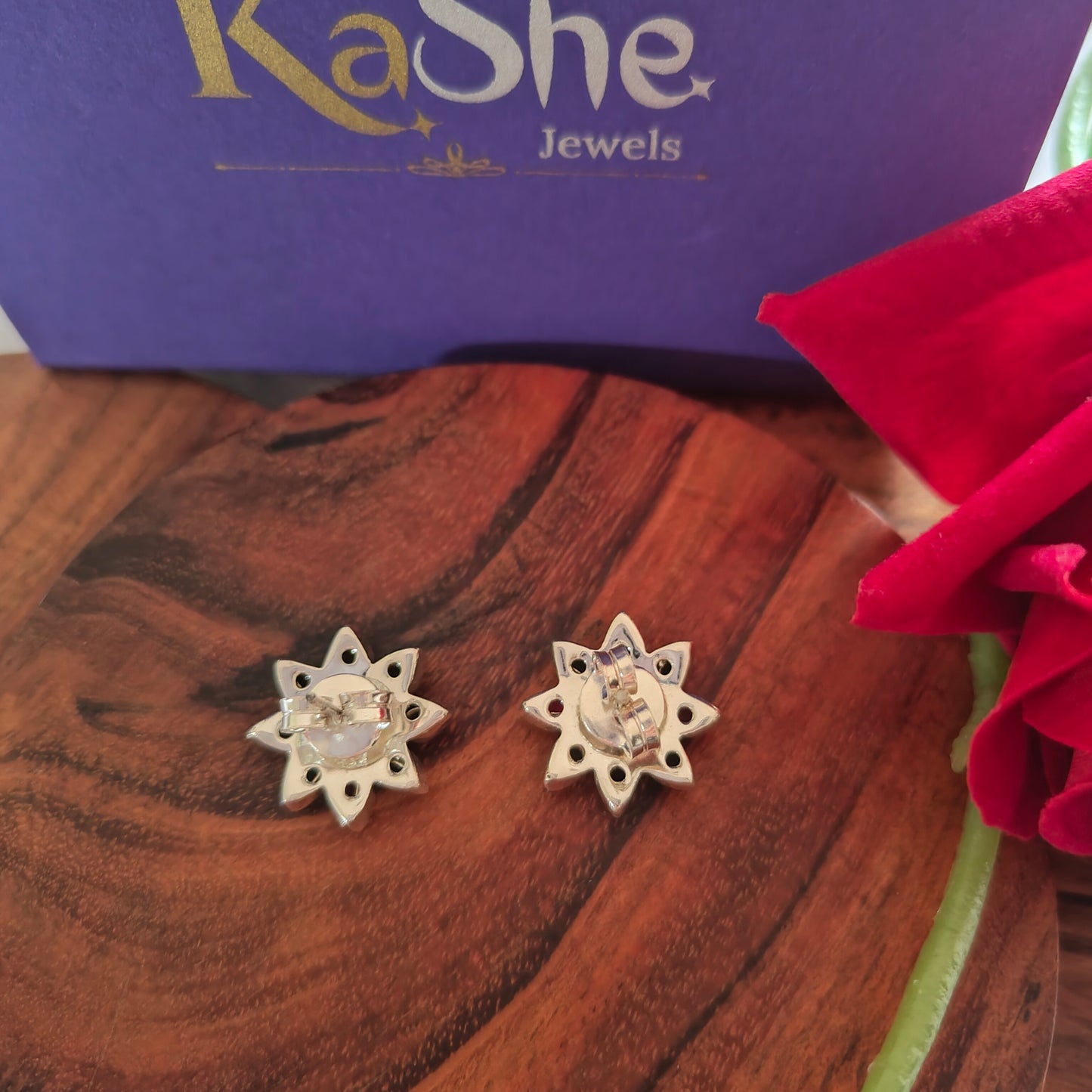 Elegant Flower Stud Pink And Green Stone With Screw And Post