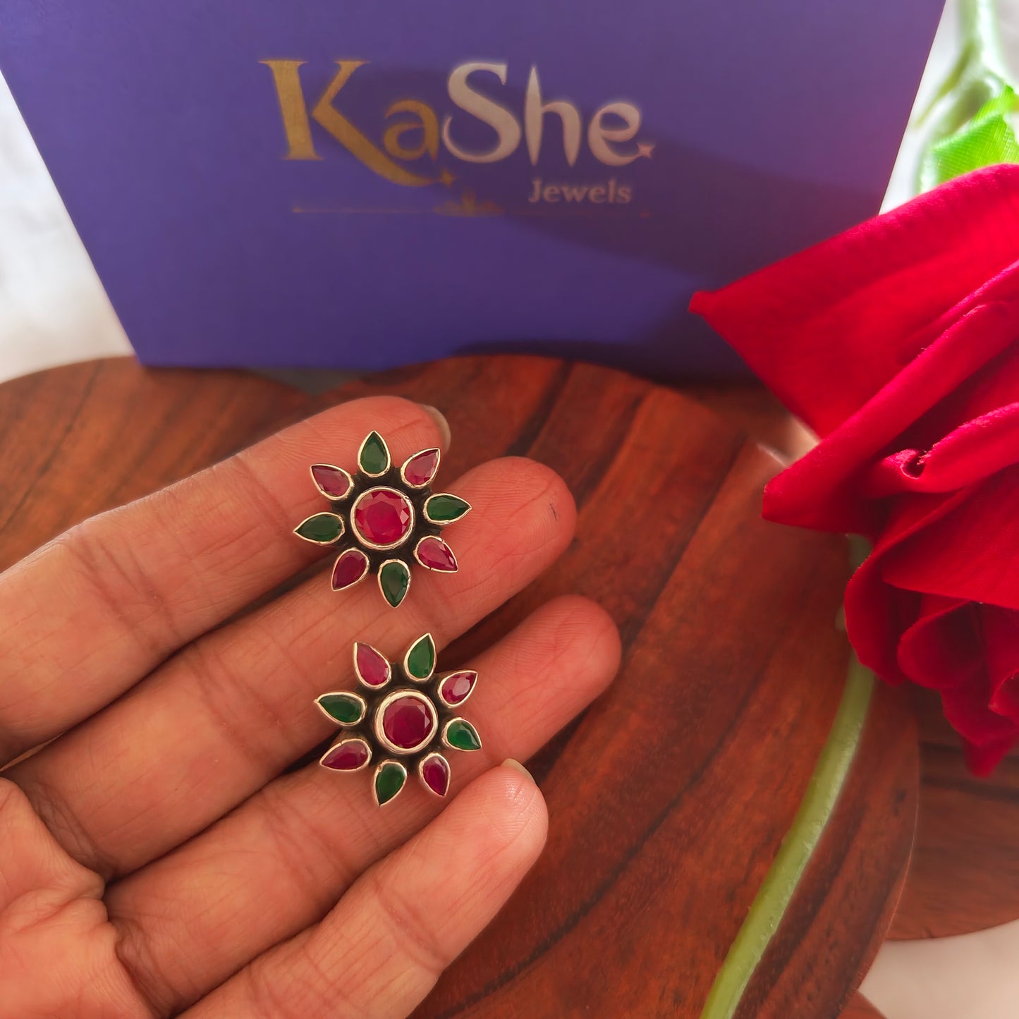 Elegant Flower Stud Pink And Green Stone With Screw And Post