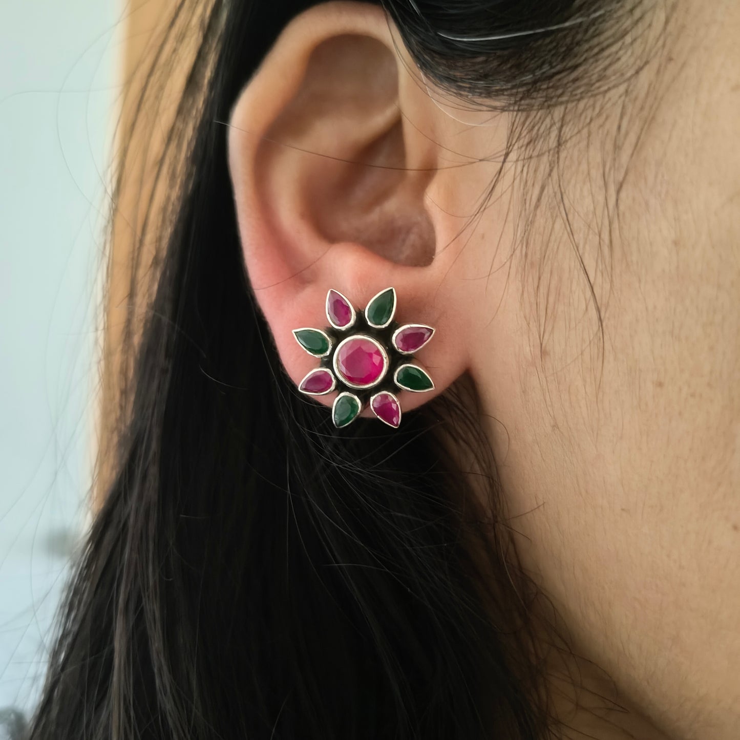 Elegant Flower Stud Pink And Green Stone With Screw And Post