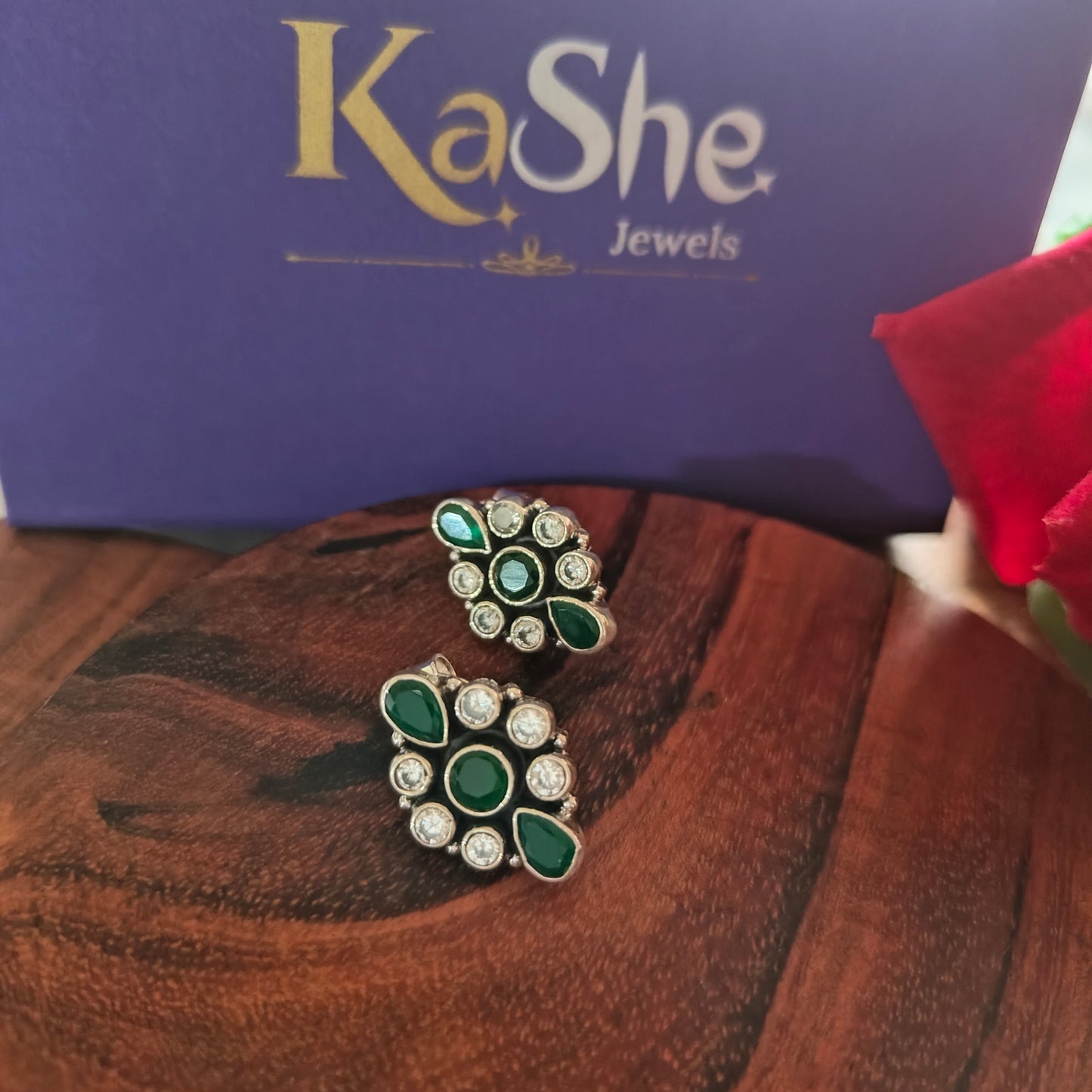 Elegant Flower Stud White Green Stone With Screw And Post