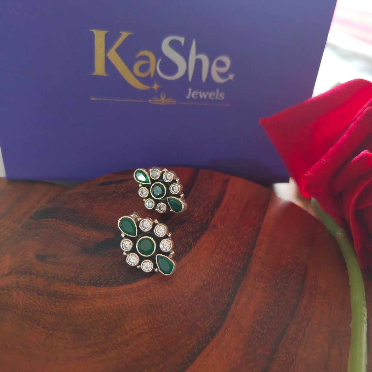 Elegant Flower Stud White Green Stone With Screw And Post