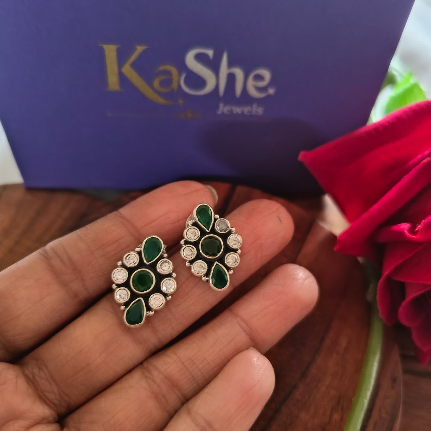 Elegant Flower Stud White Green Stone With Screw And Post