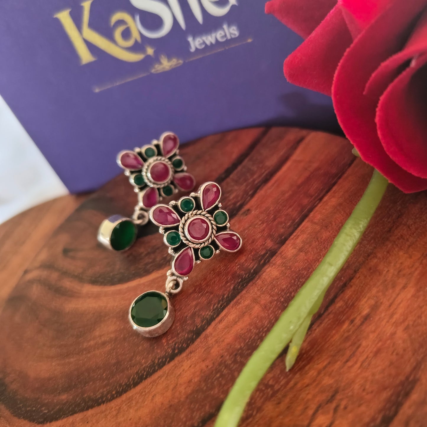 Elegant Circle Drop Stud Pink Green Stone Flower With Screw And Post