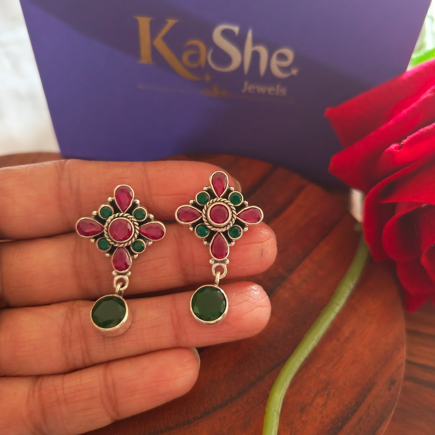 Elegant Circle Drop Stud Pink Green Stone Flower With Screw And Post