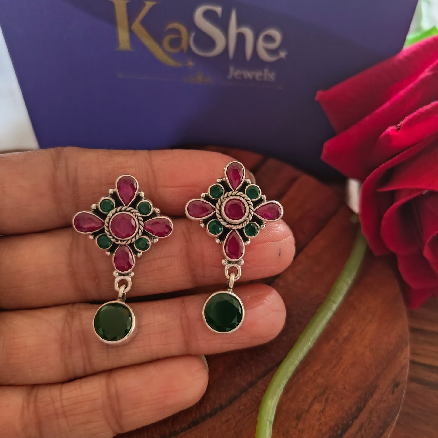 Elegant Circle Drop Stud Pink Green Stone Flower With Screw And Post
