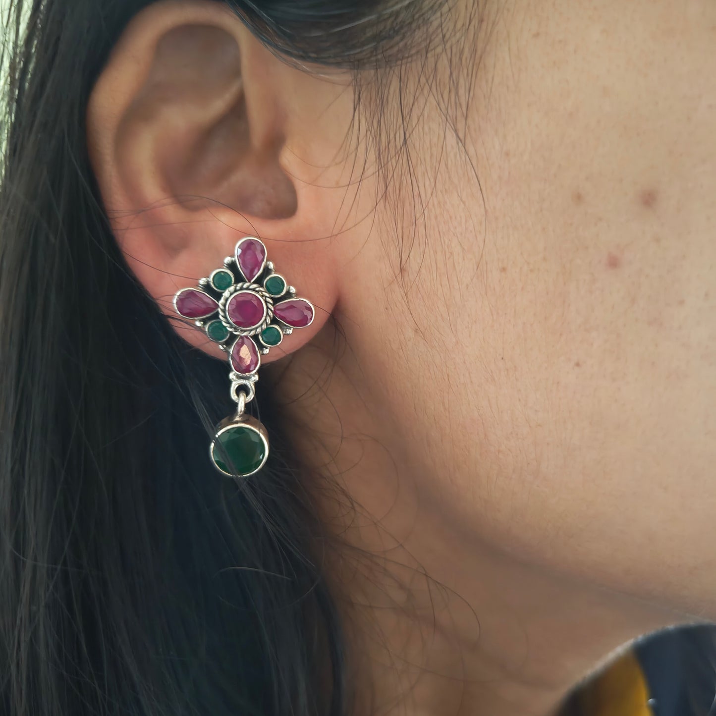 Elegant Circle Drop Stud Pink Green Stone Flower With Screw And Post