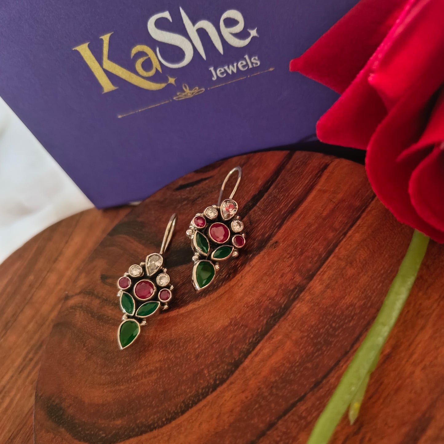 Elegant Circular Pink White and Green Stone Hook Earring With Pear Drop