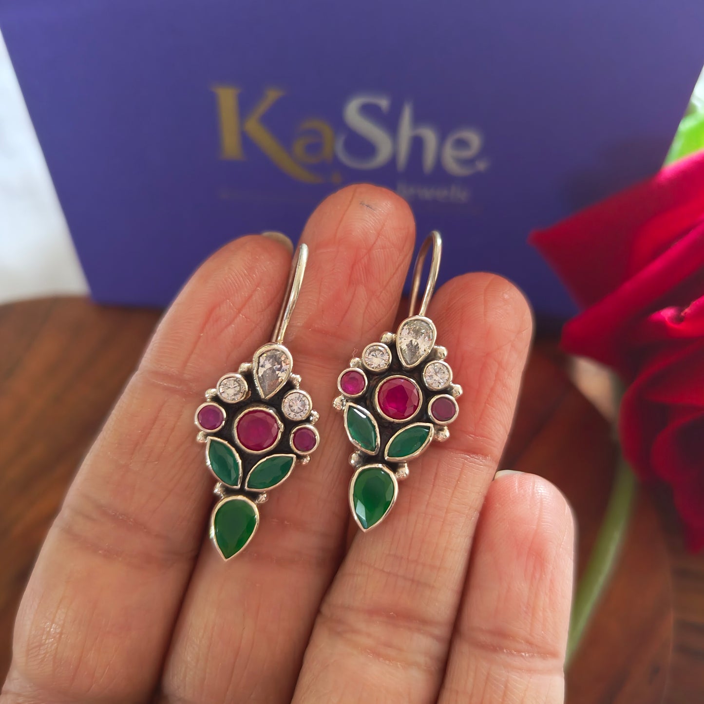 Elegant Circular Pink White and Green Stone Hook Earring With Pear Drop