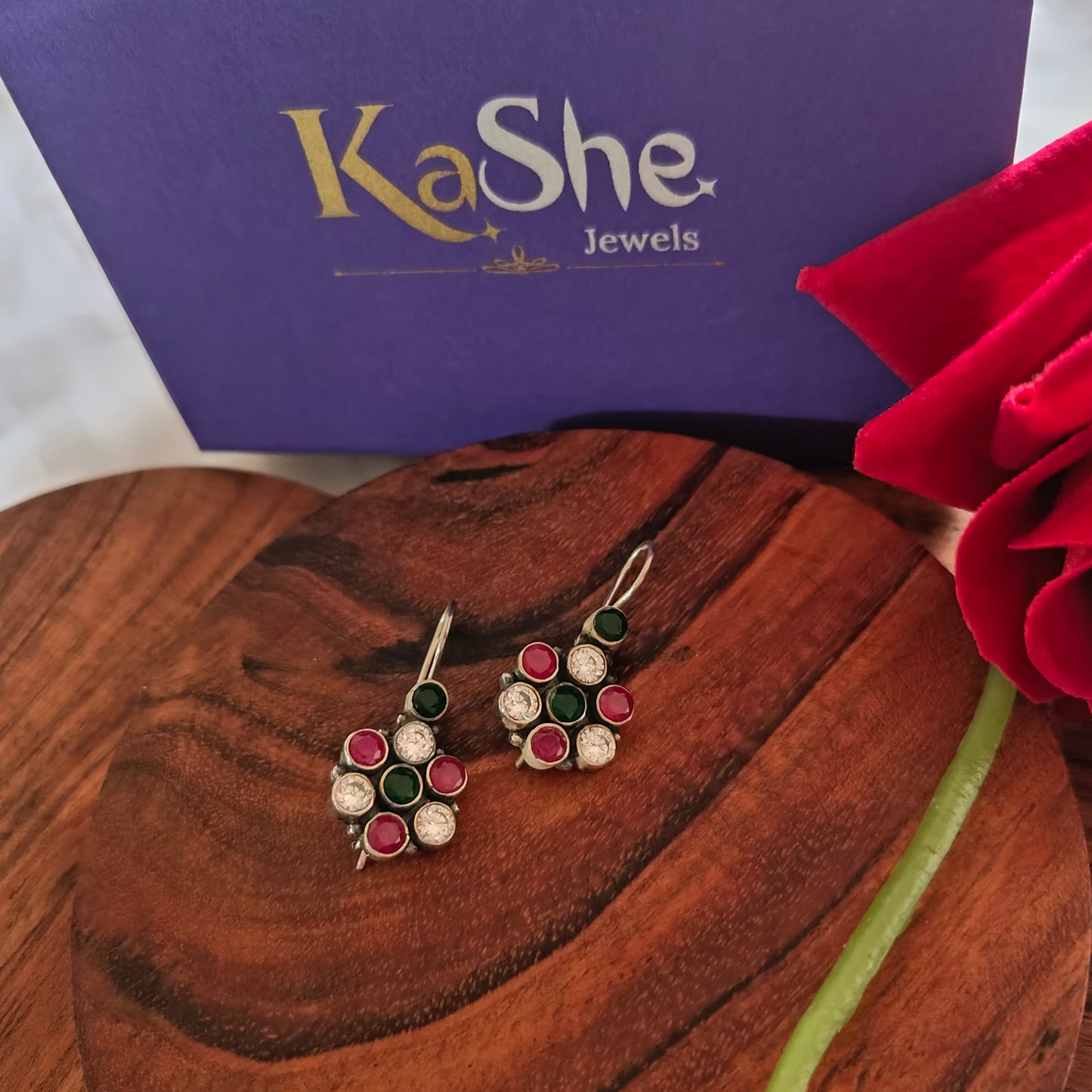 Elegant Circular Pink White and Green Stone Hook Earring