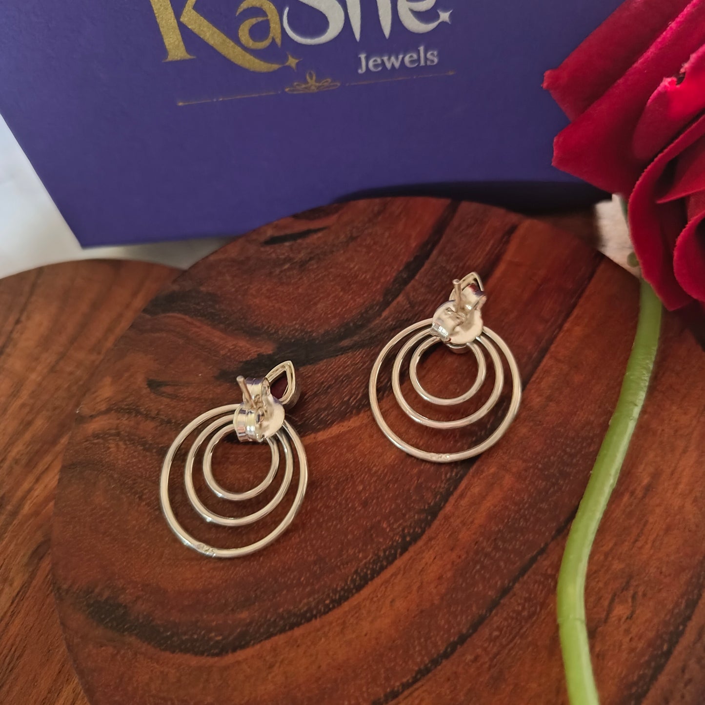 Elegant Three Circle Silver Stud White Pink Stone With Screw And Post