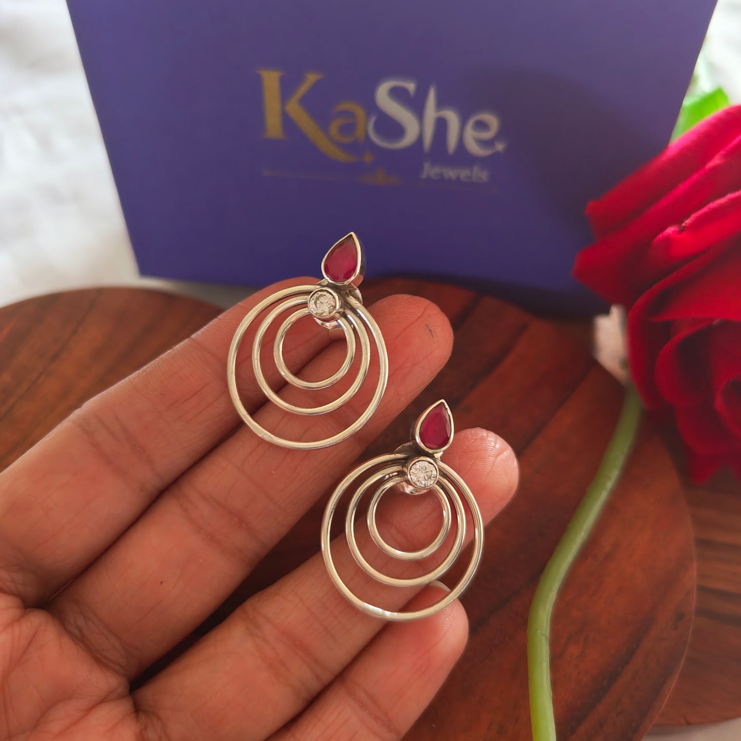 Elegant Three Circle Silver Stud White Pink Stone With Screw And Post