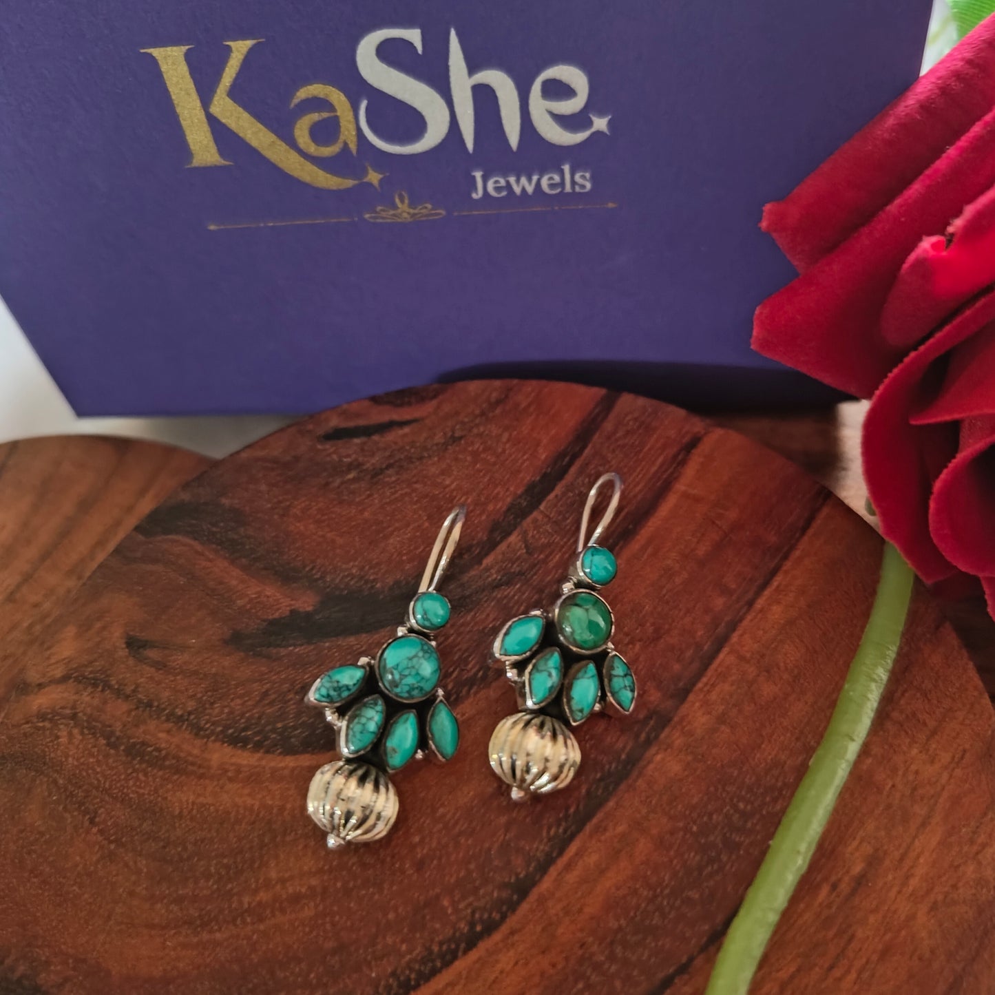 Elegant Half Floral Turquoise Hook Earrings With Silve Ball Drop