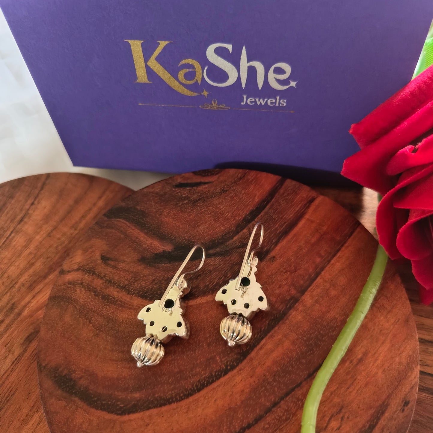 Elegant Half Floral Turquoise Hook Earrings With Silve Ball Drop