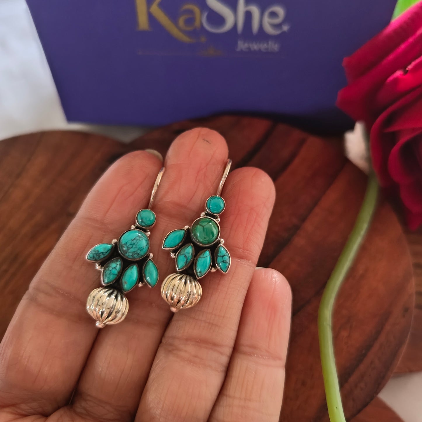 Elegant Half Floral Turquoise Hook Earrings With Silve Ball Drop