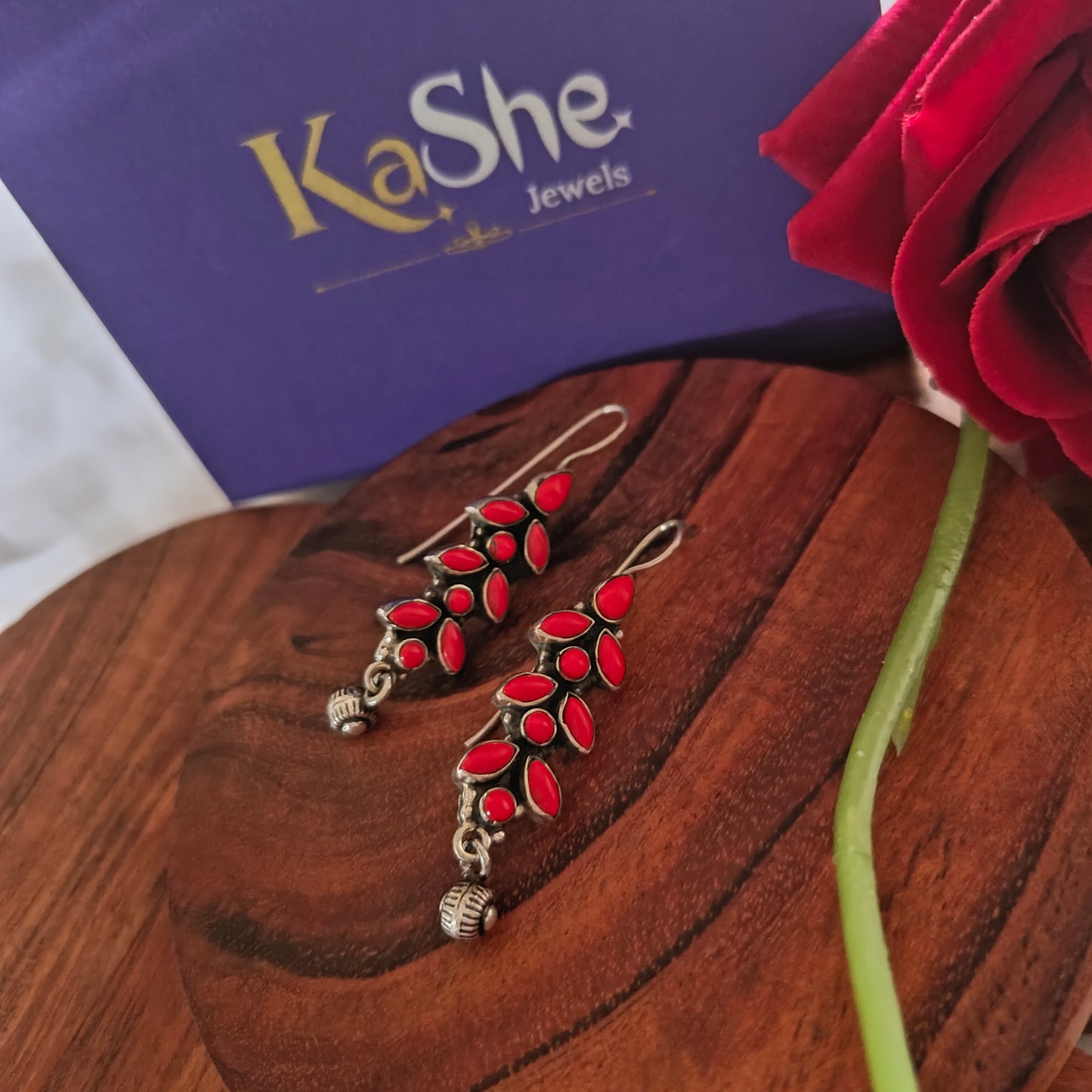 Elegant Pear Red Stone Hook Earring With Silver Ball Drop