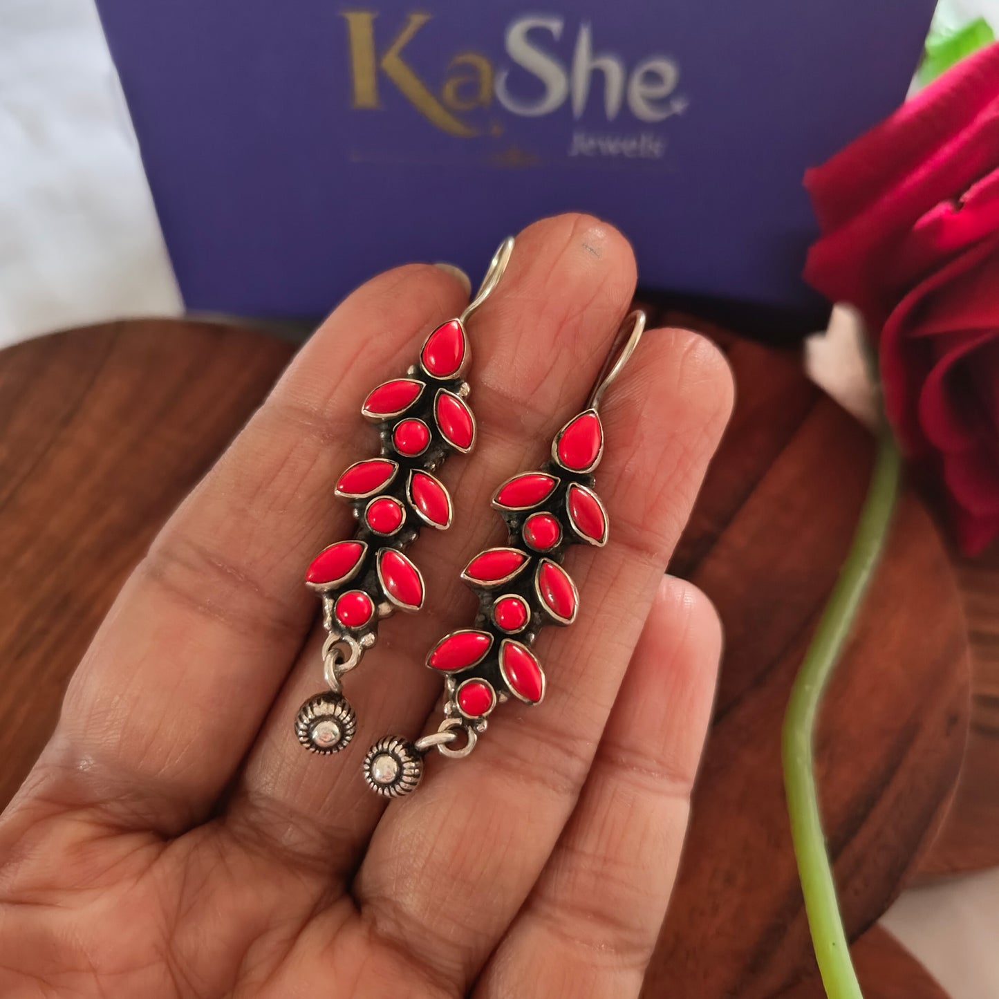 Elegant Pear Red Stone Hook Earring With Silver Ball Drop