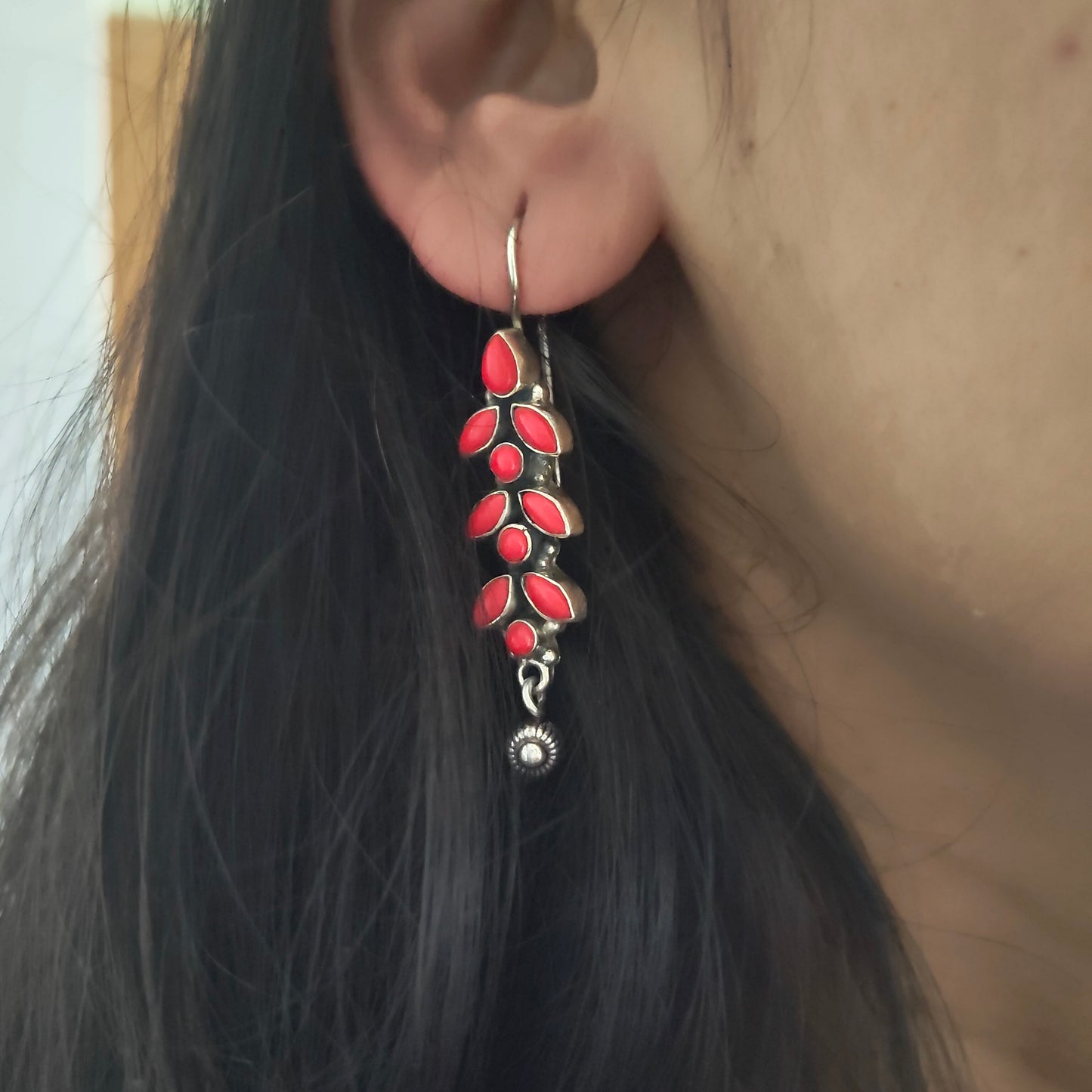 Elegant Pear Red Stone Hook Earring With Silver Ball Drop