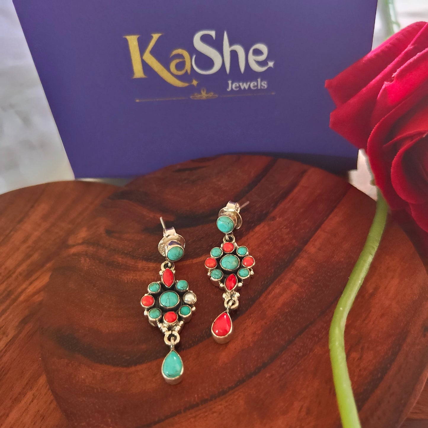 Elegant Circle Stud Turquoise Red Stone Earring With Mismatched Pear Drop, Screw And Post