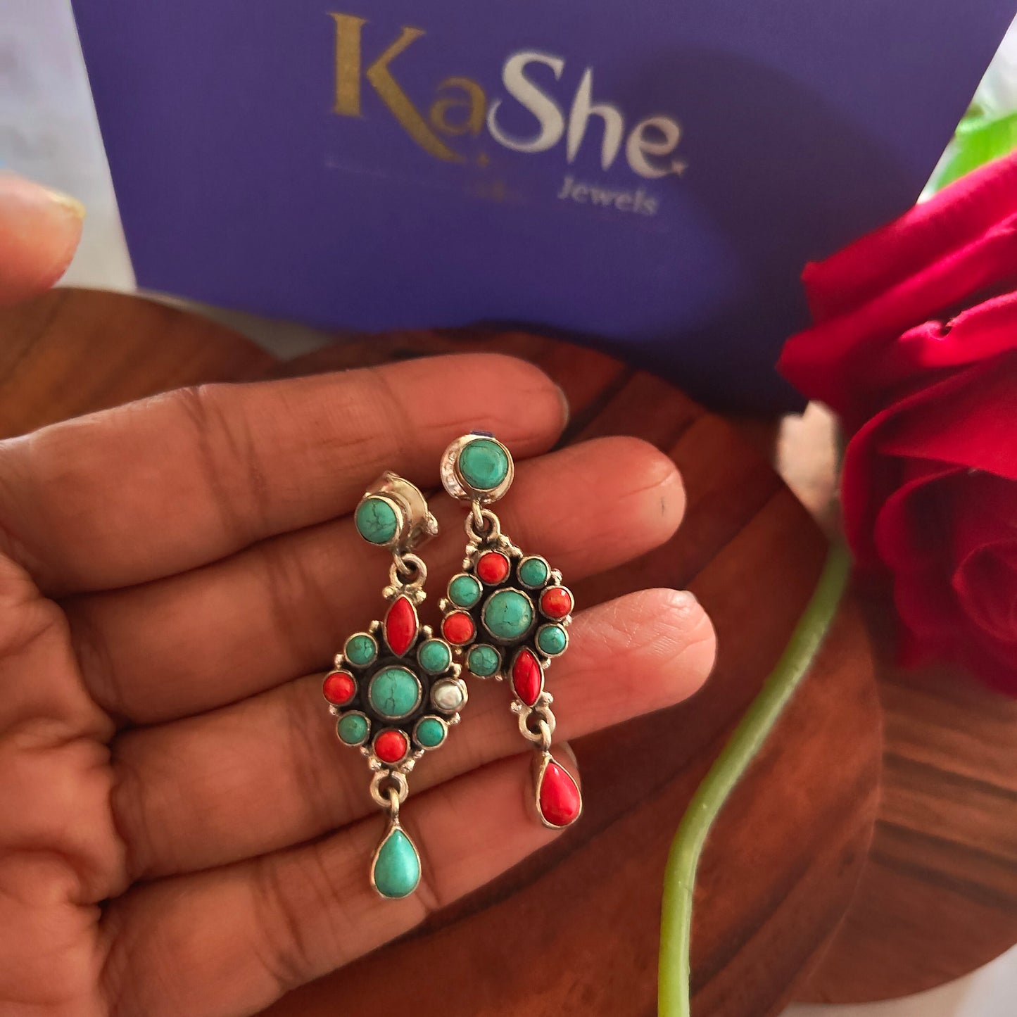 Elegant Circle Stud Turquoise Red Stone Earring With Mismatched Pear Drop, Screw And Post
