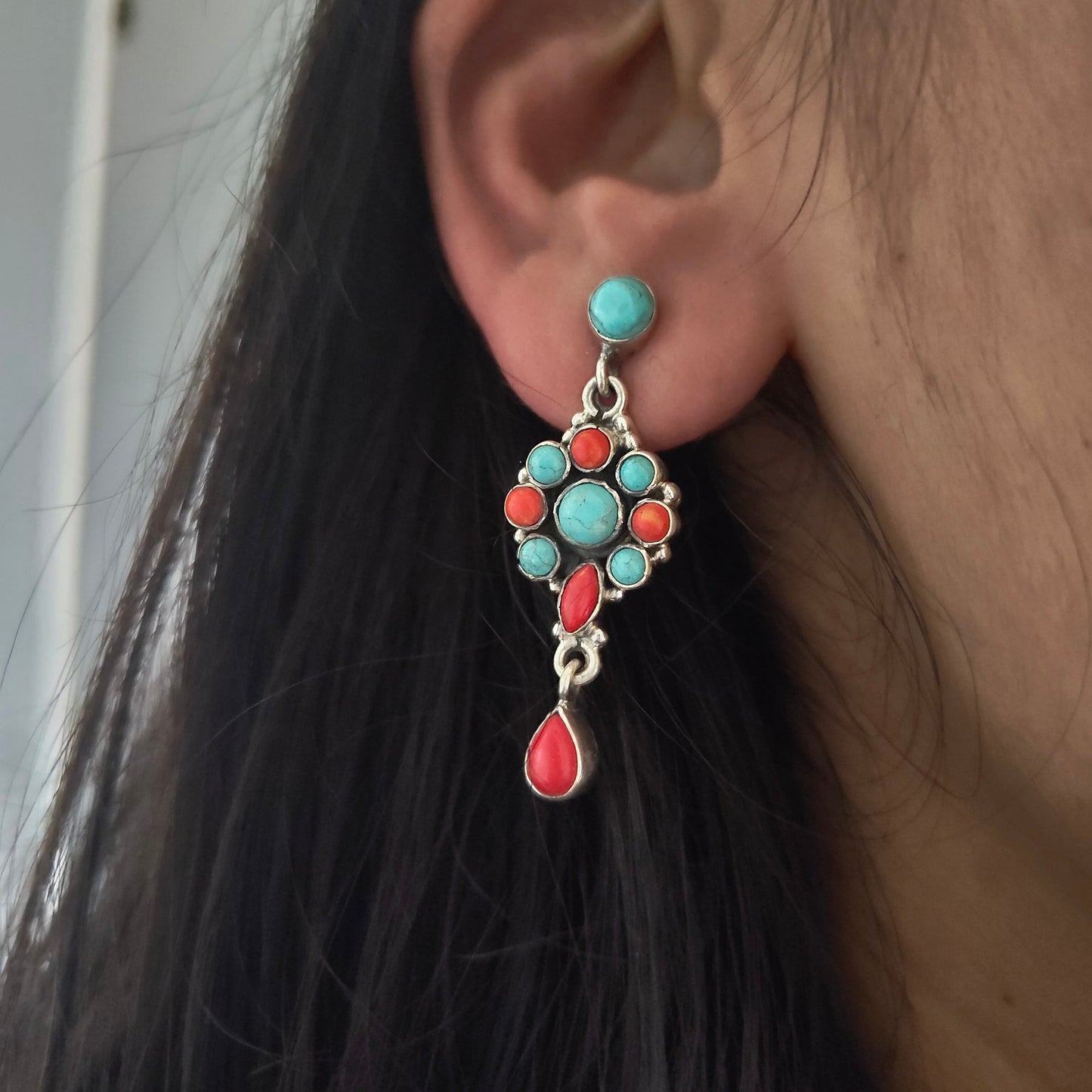 Elegant Circle Stud Turquoise Red Stone Earring With Mismatched Pear Drop, Screw And Post