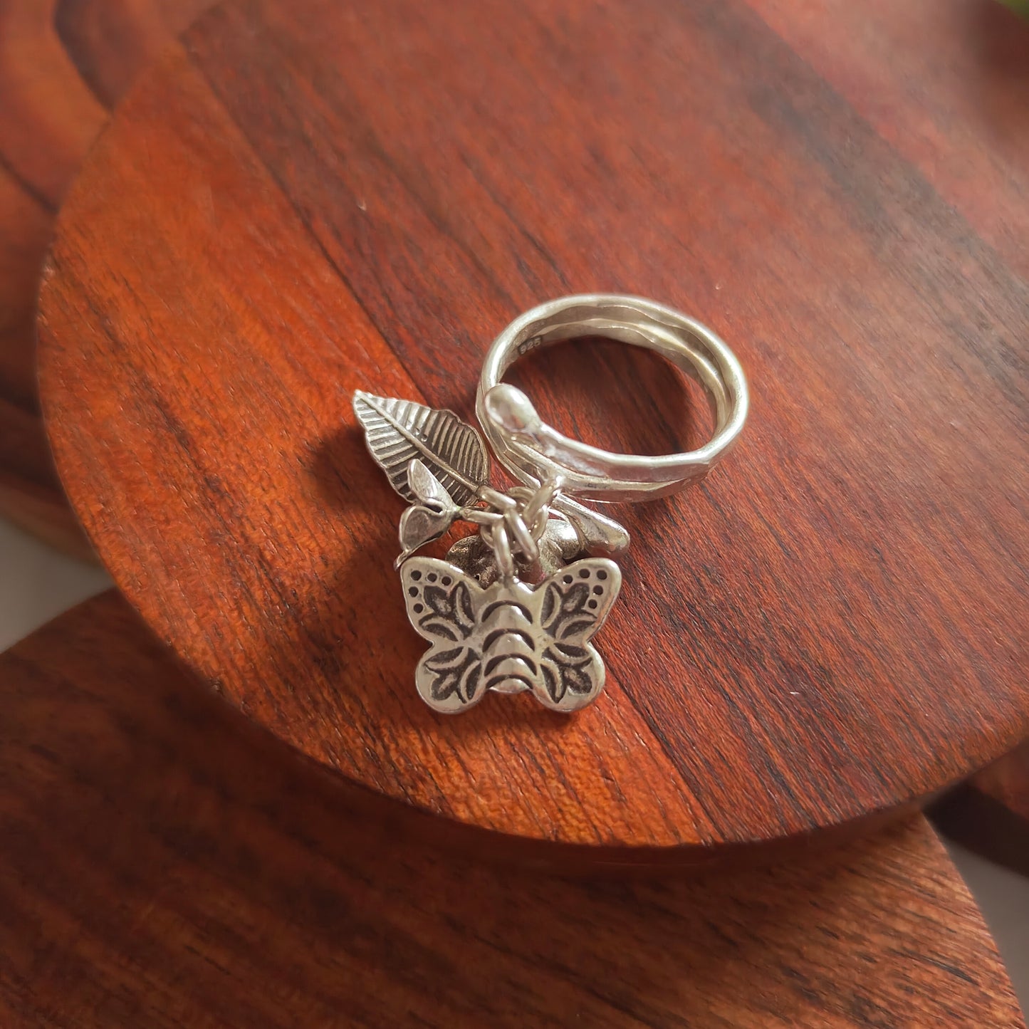 Spiral Boho Textured Ring With Butterfly Flowers Leaf Charms