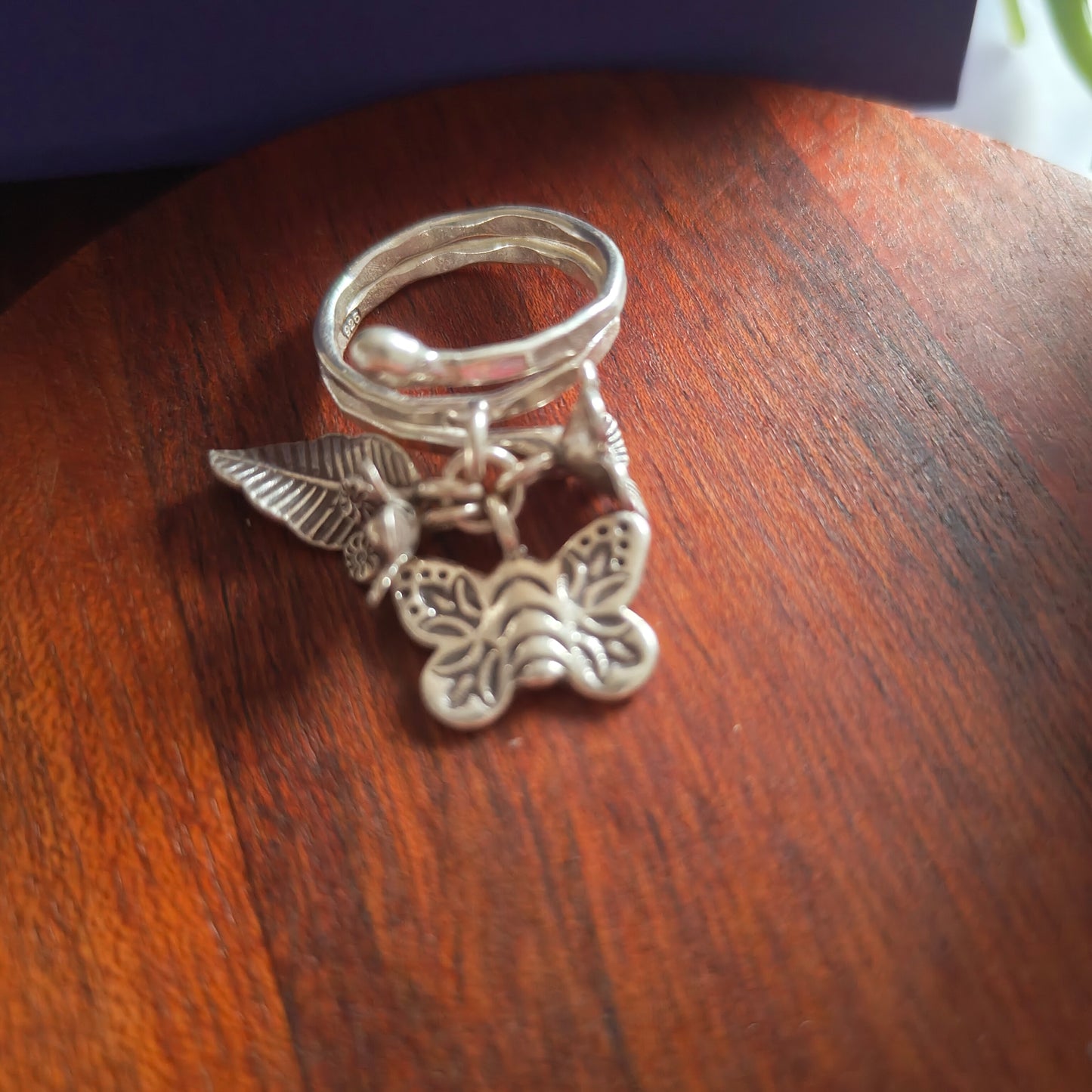 Spiral Boho Textured Ring With Butterfly Flowers Leaf Charms