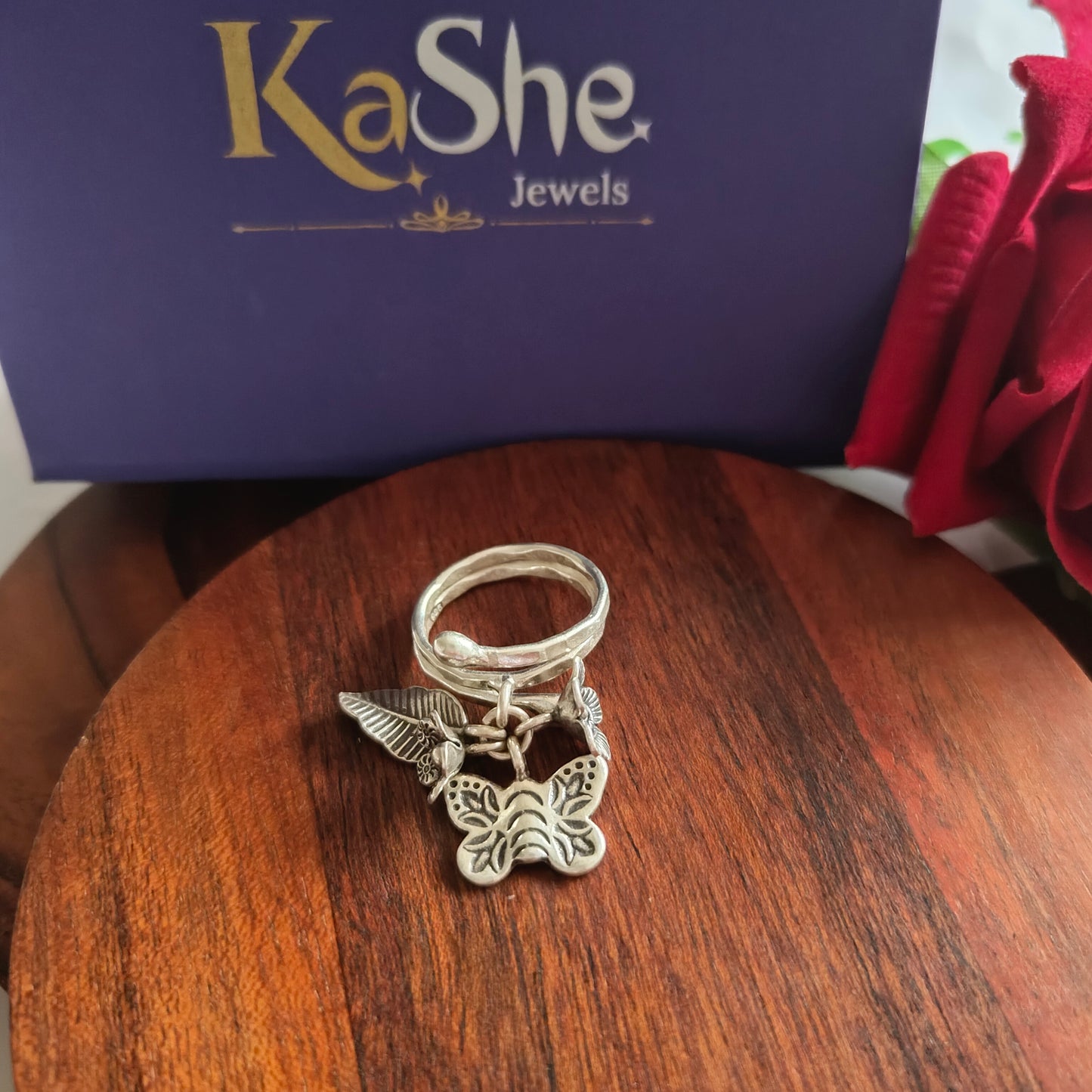 Spiral Boho Textured Ring With Butterfly Flowers Leaf Charms