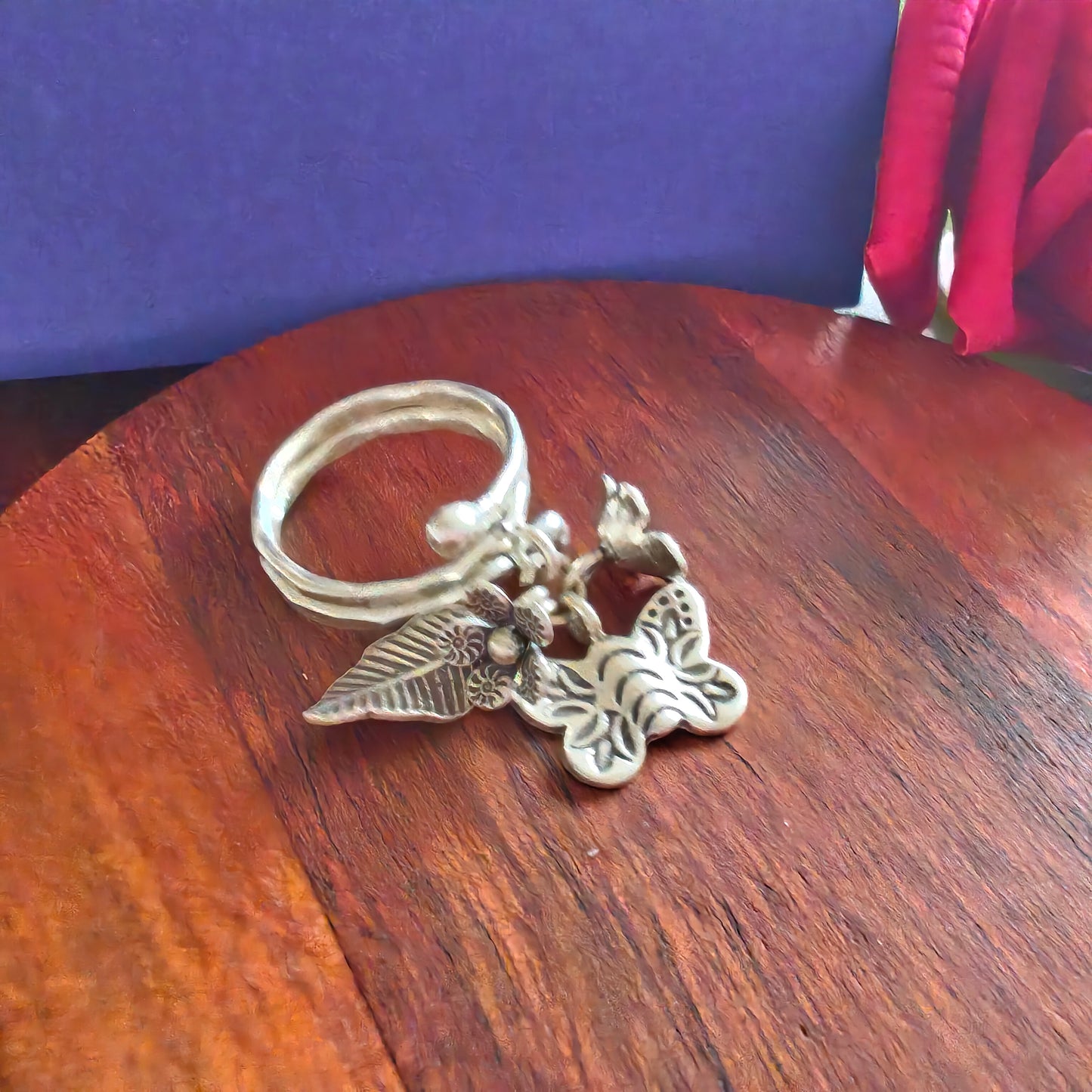 Spiral Boho Textured Ring With Butterfly Flowers Leaf Charms