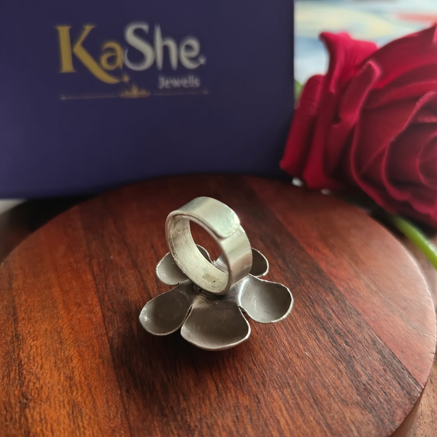 Statement 3D Rose Floral Glossy Ring Solid Band Big