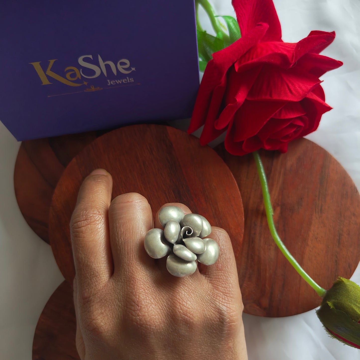Statement 3D Rose Floral Glossy Ring Solid Band Big
